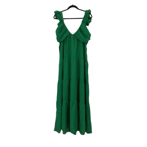 Jason Wu Green Linen Blend Sleeveless V-Neck Tiered Pleated Maxi Dress Size XL - Picture 1 of 6